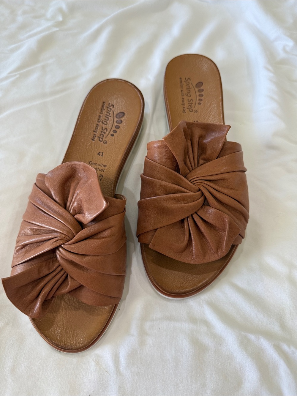 Spring Step Tan Leather Knotted Slide Mules